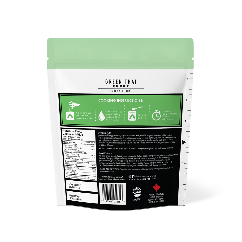 Green Thai Curry – a hot and sweet vegan backpacking meal with rice, chickpeas, and coconut milk. Just add water. Lightweight and made in BC, Canada.