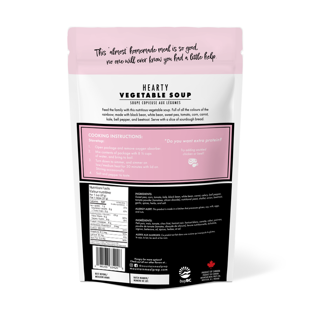 Hearty Vegetable Soup Meal Prep Kit: Vegan, gluten-free with sweet pea, black beans, kale, carrots, and more. Just add water, simmer, and feeds 7. Made in BC.