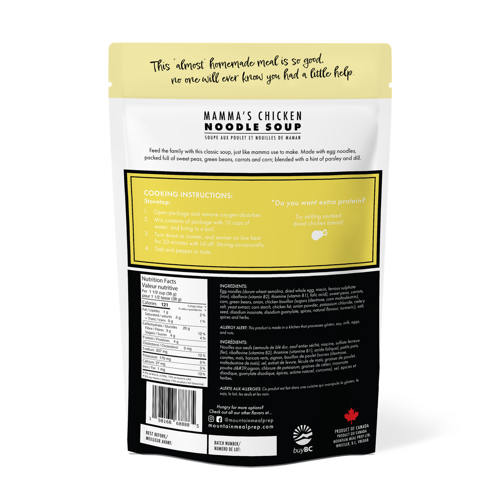 Mamma's Chicken Noodle Soup Meal Prep Kit: Dairy-free with egg noodles, sweet peas, carrots, green beans, and a hint of parsley. Just add water, simmer, feeds 8. Made in BC.