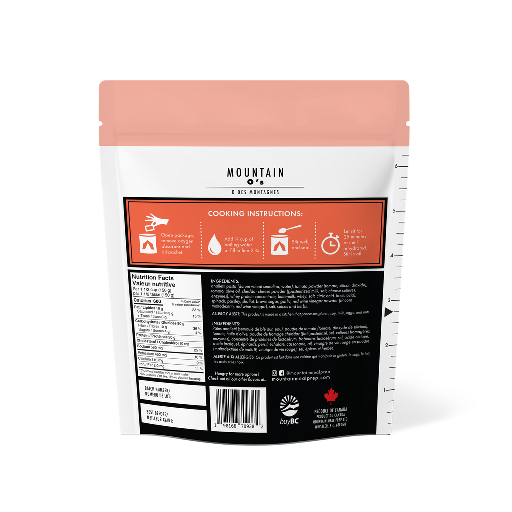Mountain O's – a savory tomato and basil marinara with anelletti pasta, cheese, and olive oil. Just add hot water. Vegetarian, gluten-free, and made in BC, Canada.