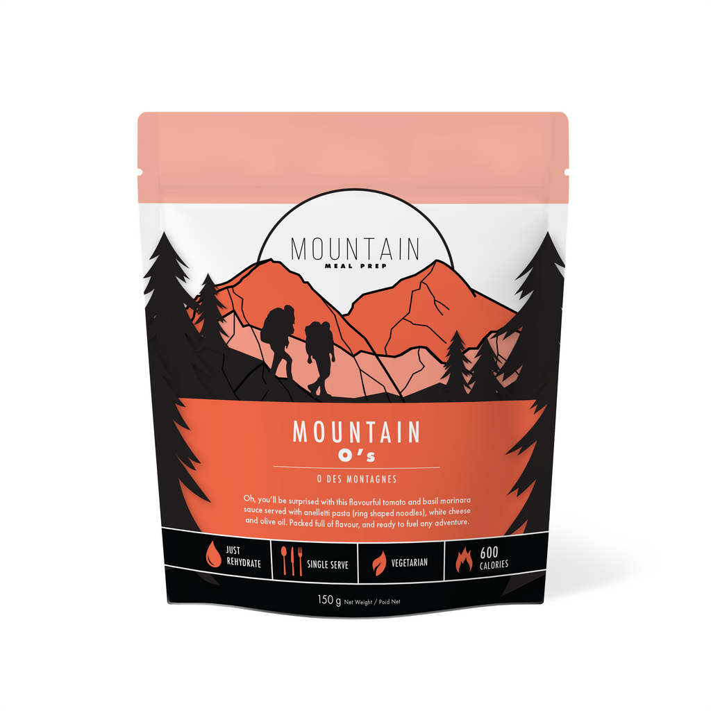 Mountain O's – a savory tomato and basil marinara with anelletti pasta, cheese, and olive oil. Just add hot water. Vegetarian, gluten-free, and made in BC, Canada.