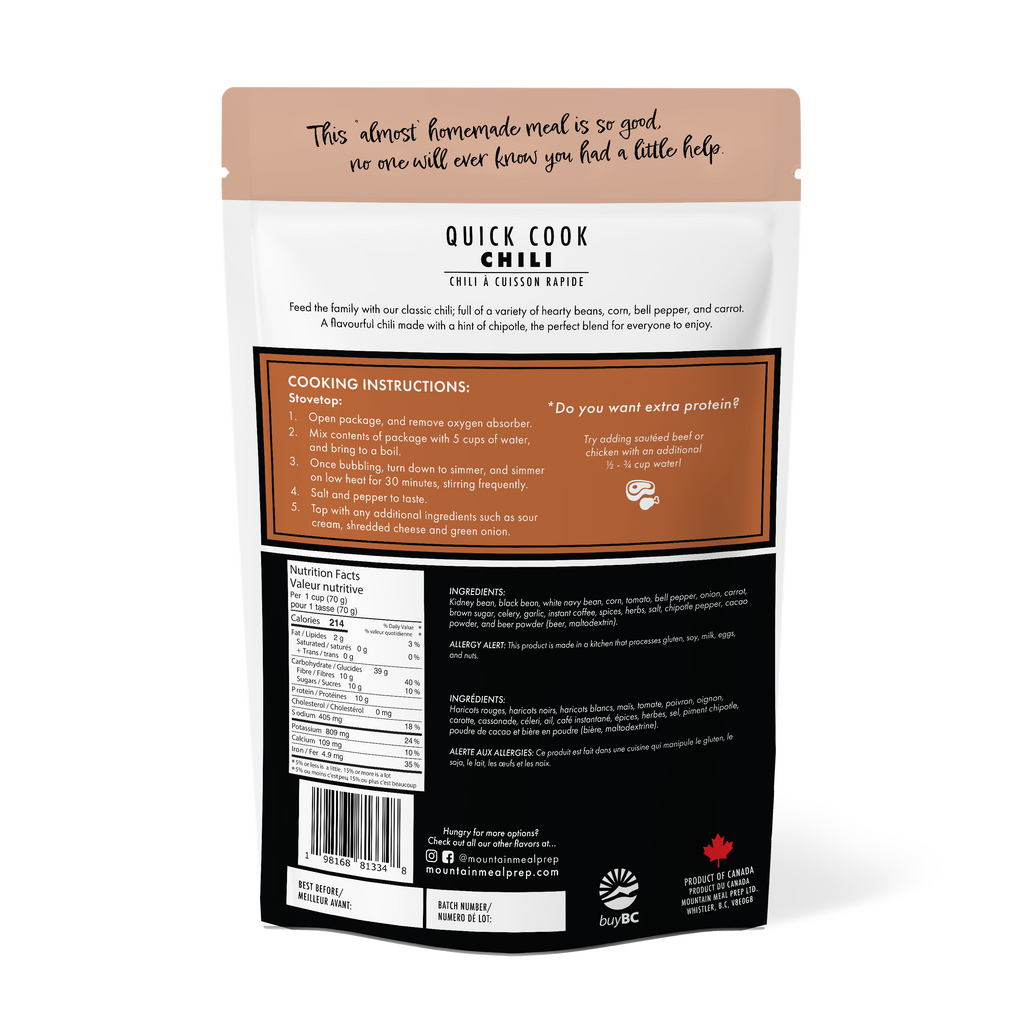 Quick Cook Chili Meal Prep Kit: Hearty beans, corn, bell pepper, and carrot. Just add water, simmer, feeds 5. Made in BC.