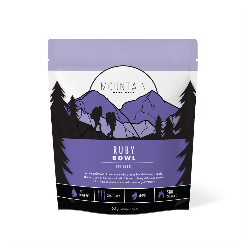 Ruby Bowl – a delicious quinoa breakfast with a tangy blend of berries, apple, rhubarb, and coconut. Just add hot water. Vegan, gluten-free, and made in BC, Canada.