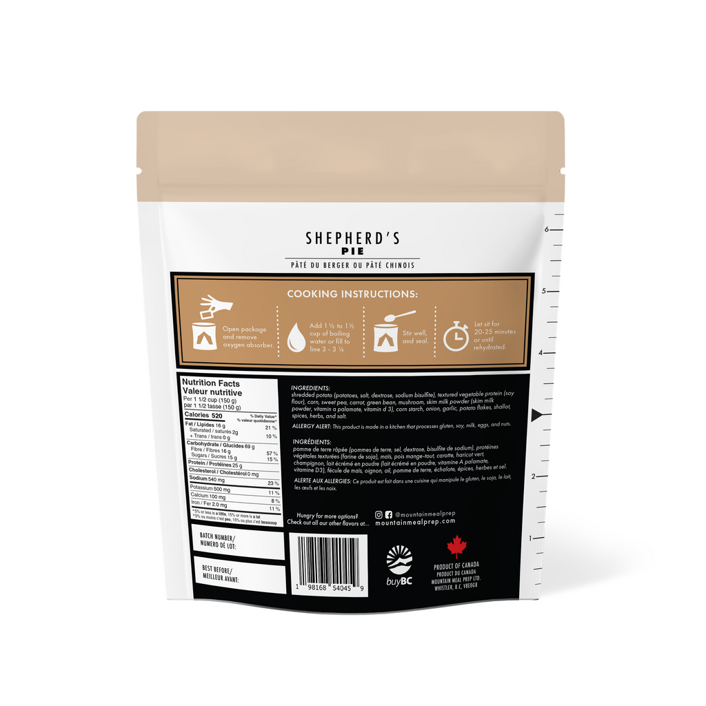 Shepherd’s Pie – a high-protein vegetarian backpacking meal with shredded potato, veggies, and mushroom gravy. Just add water. Lightweight and made in BC, Canada.