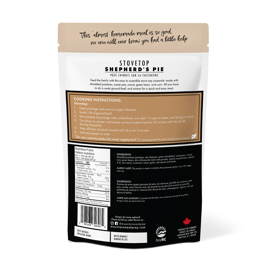 Stovetop Shepherd’s Pie Meal Prep Kit: Beef, shredded potatoes, sweet pea, carrot, and corn. Just sauté, simmer, feeds 5. Made in BC.