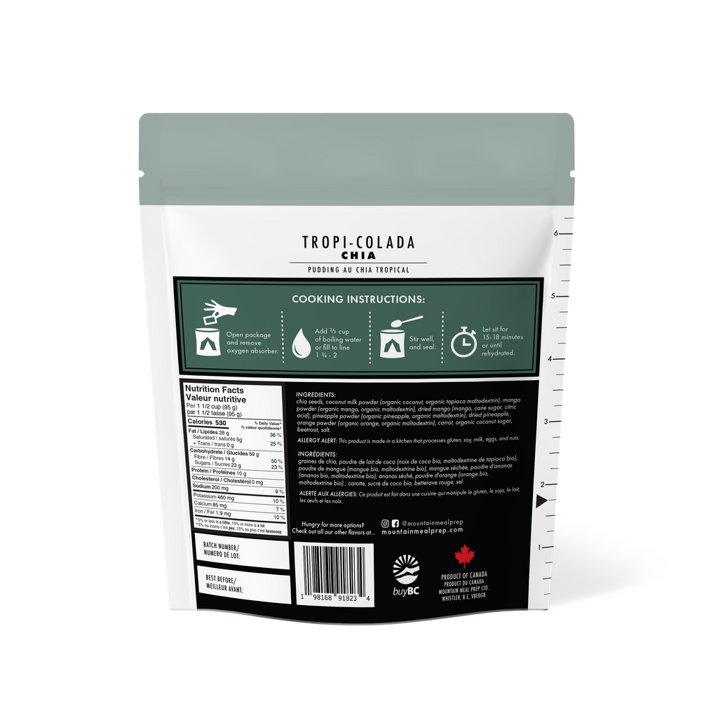 Tropi-Colada Chia – a tropical, vegan, and gluten-free chia seed pudding. Just add water. Lightweight and made in BC, Canada.