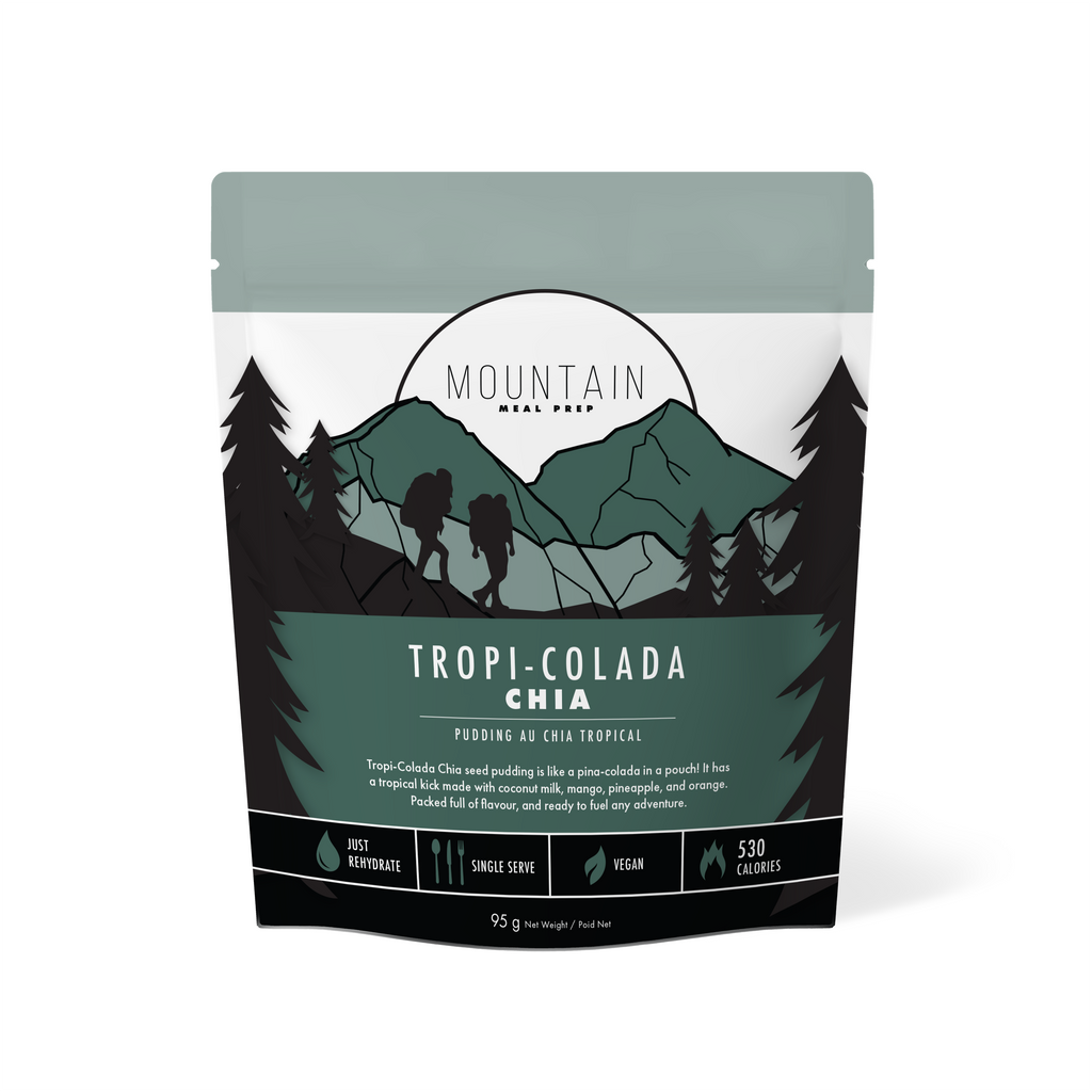 Tropi-Colada Chia – a tropical, vegan, and gluten-free chia seed pudding. Just add water. Lightweight and made in BC, Canada.