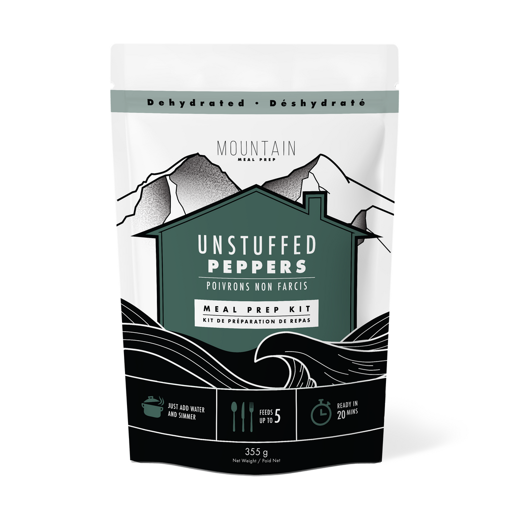 Unstuffed Peppers Meal Prep Kit: A hearty rice skillet with bell pepper, kidney beans, spinach, mushroom, and tomato. Just add water, simmer, feeds 5. Made in BC.